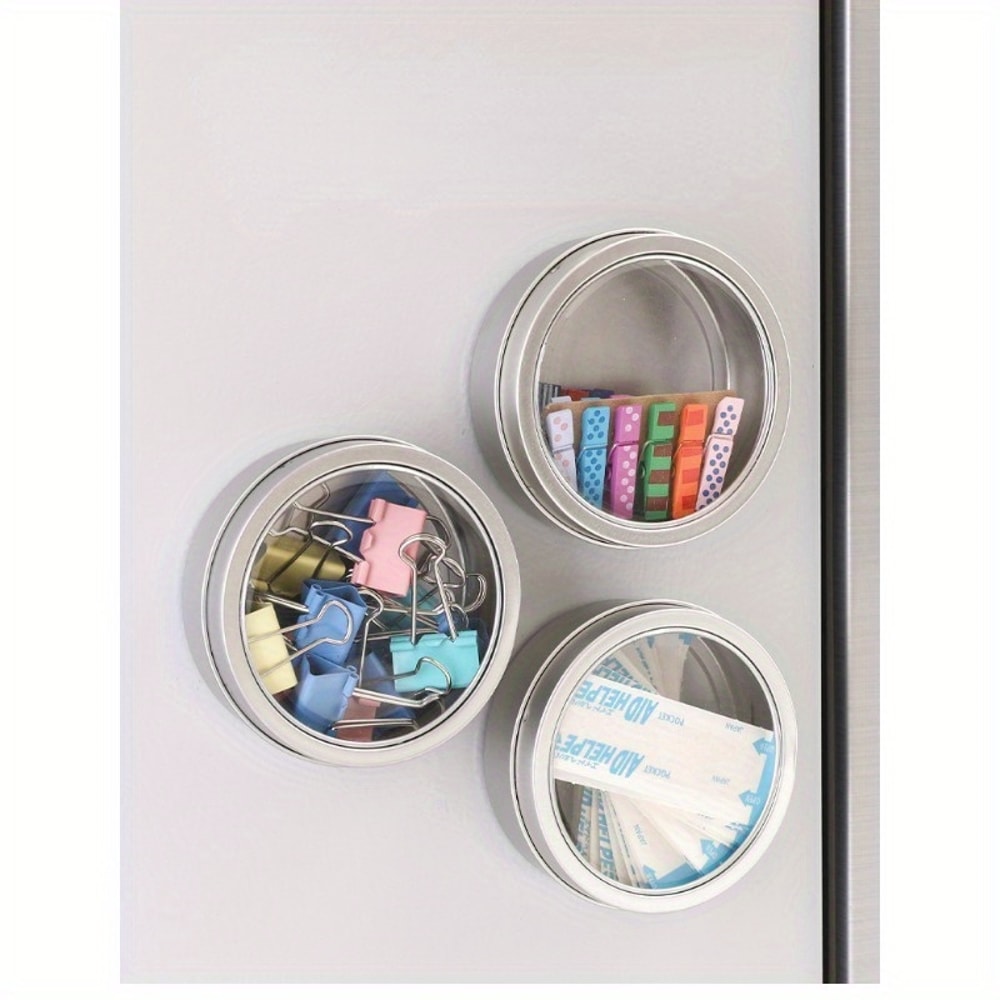 Magnetic Fridge Organiser, Round Tin Box with Magnet, Kitchen Spice Storage Box, Home Office Organisers