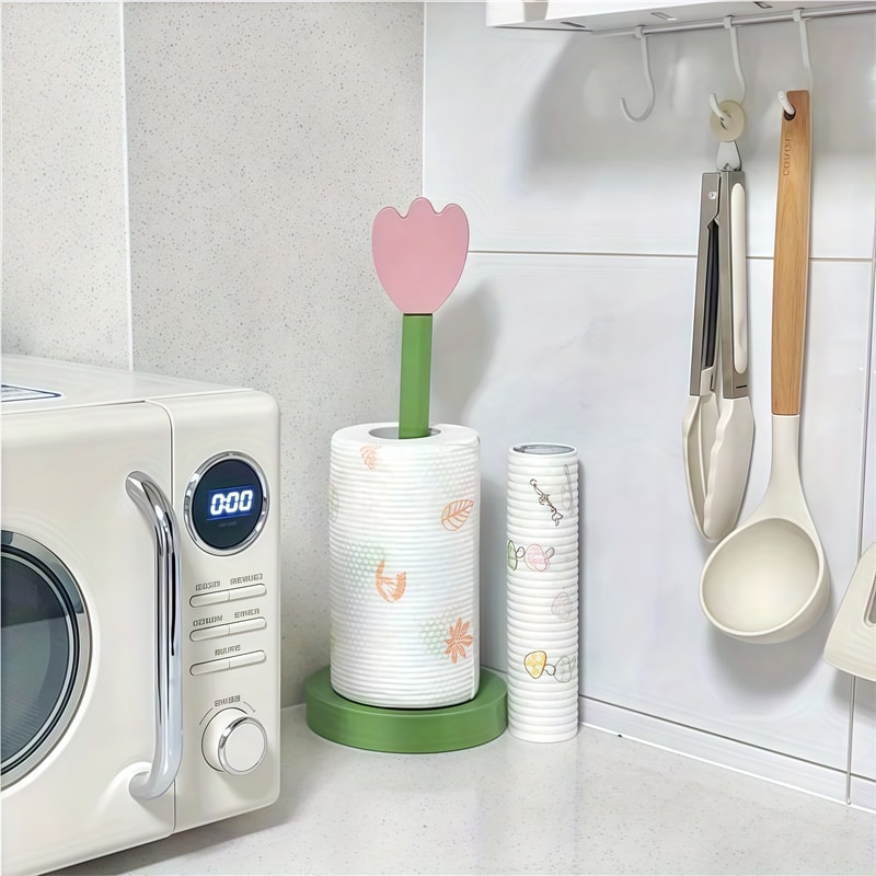Tulip Wood Paper Towel Holder, Kitchen Roll Tissue Vertical Stand for Bathroom Storage