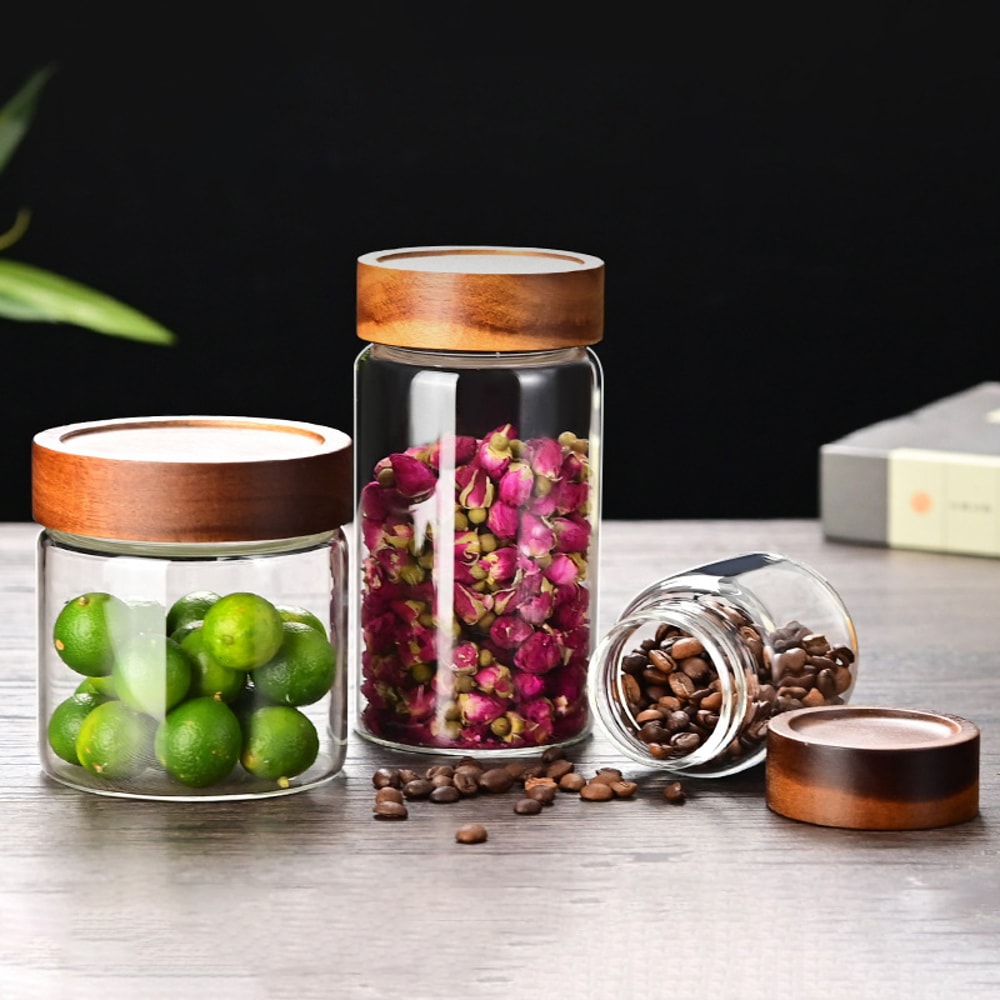 Simple Airtight Glass Canister Wood Lid Storage Jar Coffee Beans Storage Container 2