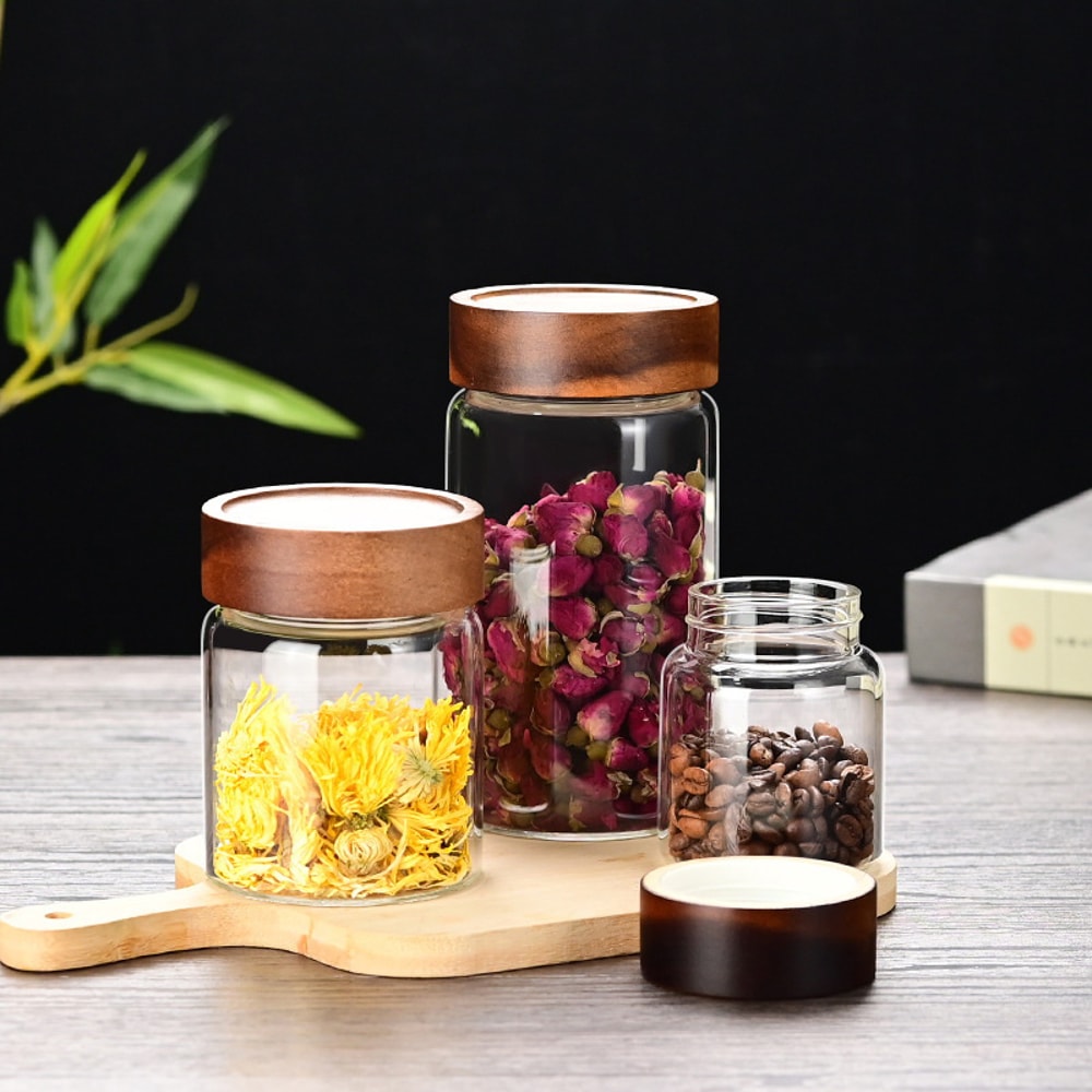 Simple Airtight Glass Canister Wood Lid Storage Jar Coffee Beans Storage Container 3