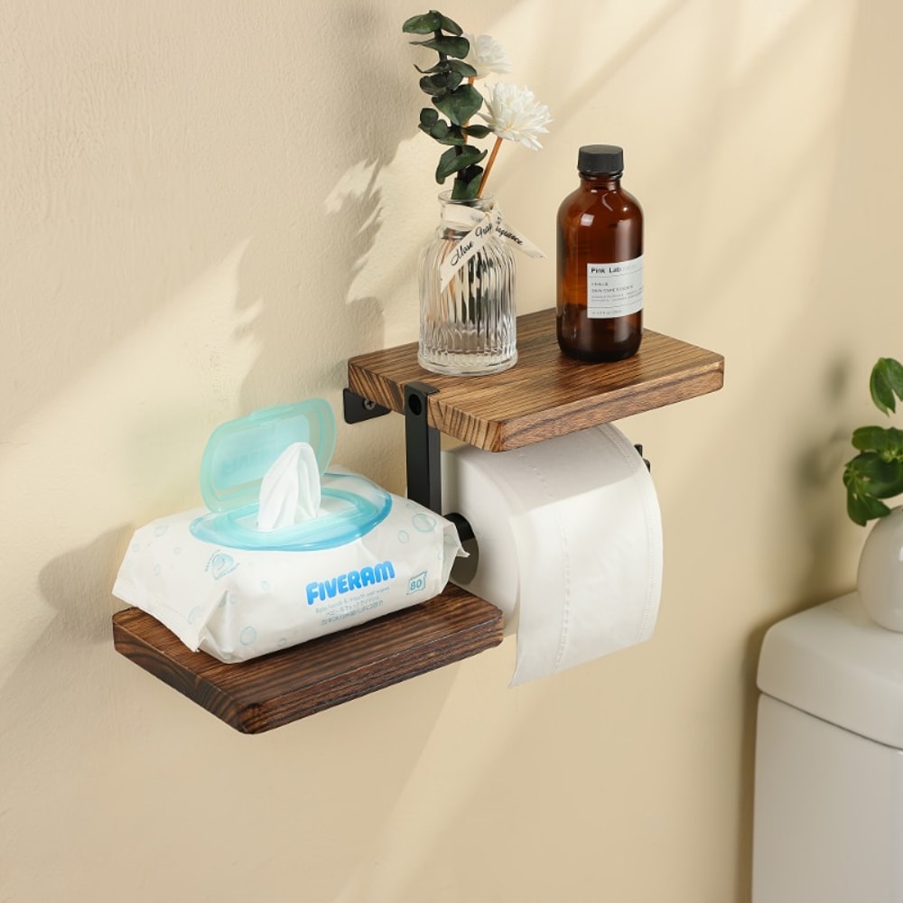 Wooden Wall Mounted Toilet Paper Holder Hanging Tissue Roll Dispenser Iron Tissue Holder Bathroom A 3