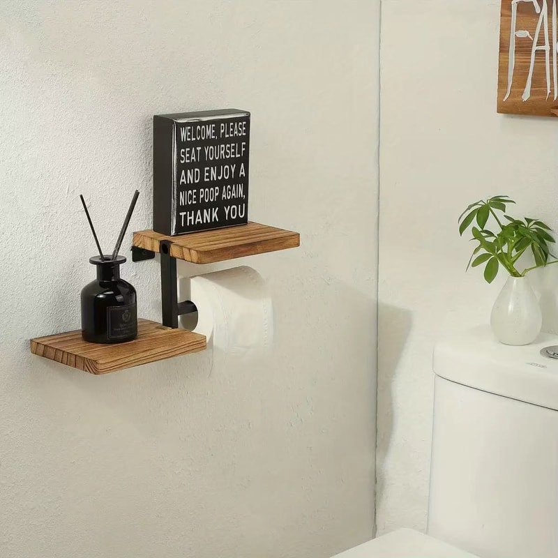 Wooden Wall Mounted Toilet Paper Holder Hanging Tissue Roll Dispenser Iron Tissue Holder Bathroom A 4
