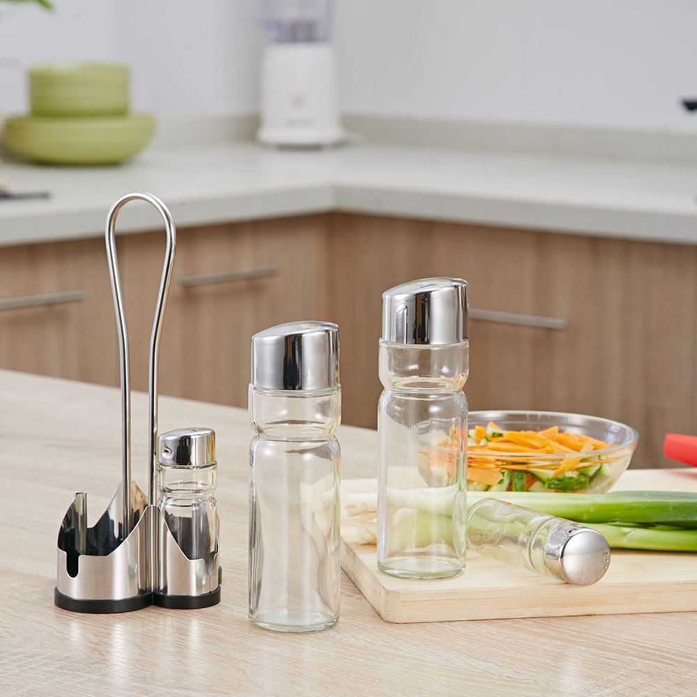 Seasoning Bottle Set, Condiment Holder Rack, Oil Vinegar Dispensers with Salt Pepper Shakers and Glass Cruet Set