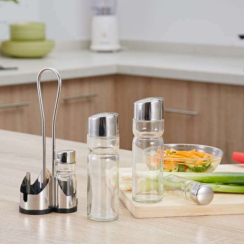 Seasoning Bottle Set, Condiment Holder Rack, Oil Vinegar Dispensers with Salt Pepper Shakers and Glass Cruet Set