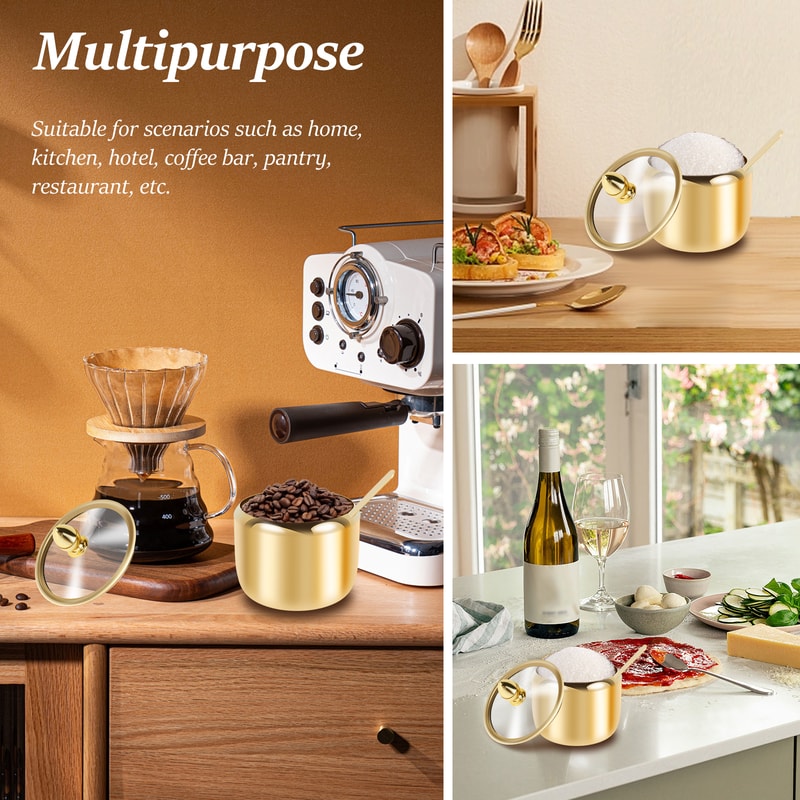 Stainless Steel Sugar Jar with Clear Glass Lid and Spoon, Multifunctional Container for Salt, Candy, and Coffee Beans