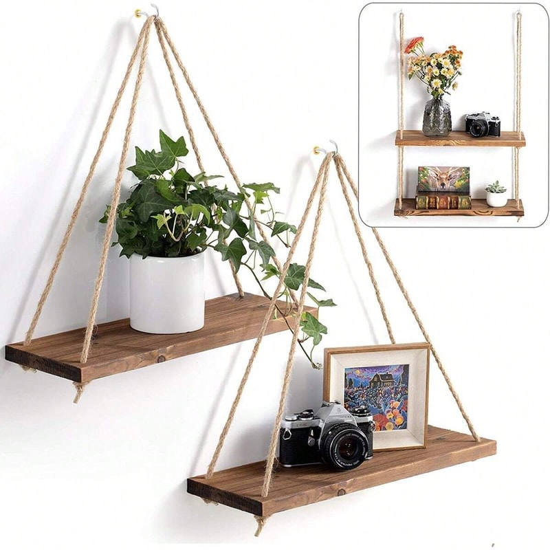 Hanging Wooden Storage Rack, Wall Decoration Hanging Rope Flower Pot Storage Rack