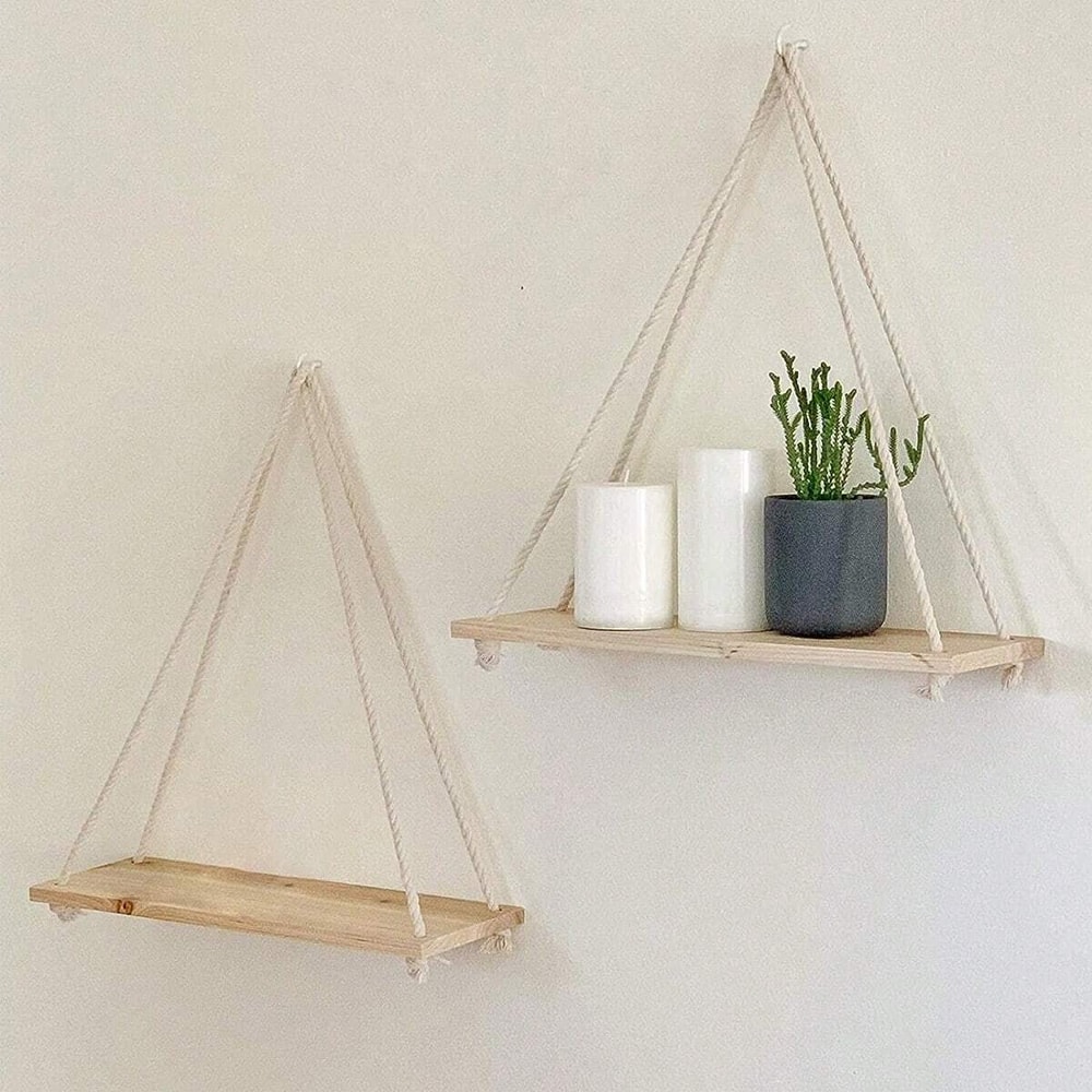 Hanging Wooden Storage Rack, Wall Decoration Hanging Rope Flower Pot Storage Rack