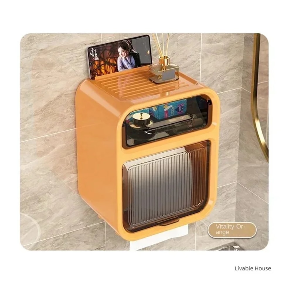 Bathroom Double Layer Storage Rack, Wall Mounted Paper Drawer Tissue Box