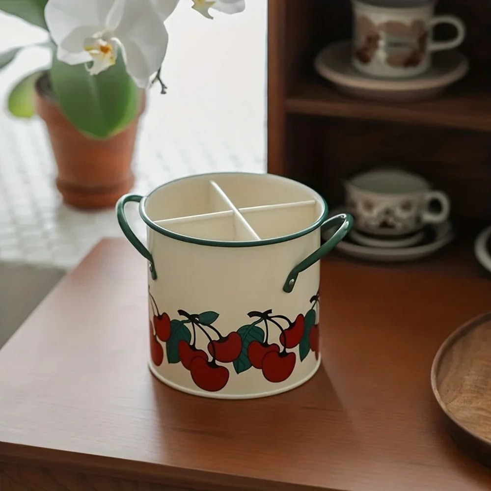 Creative Vintage Cherry Tableware Bucket, Household Kitchen Organizer, Chopsticks Cage, Knife Fork Storage