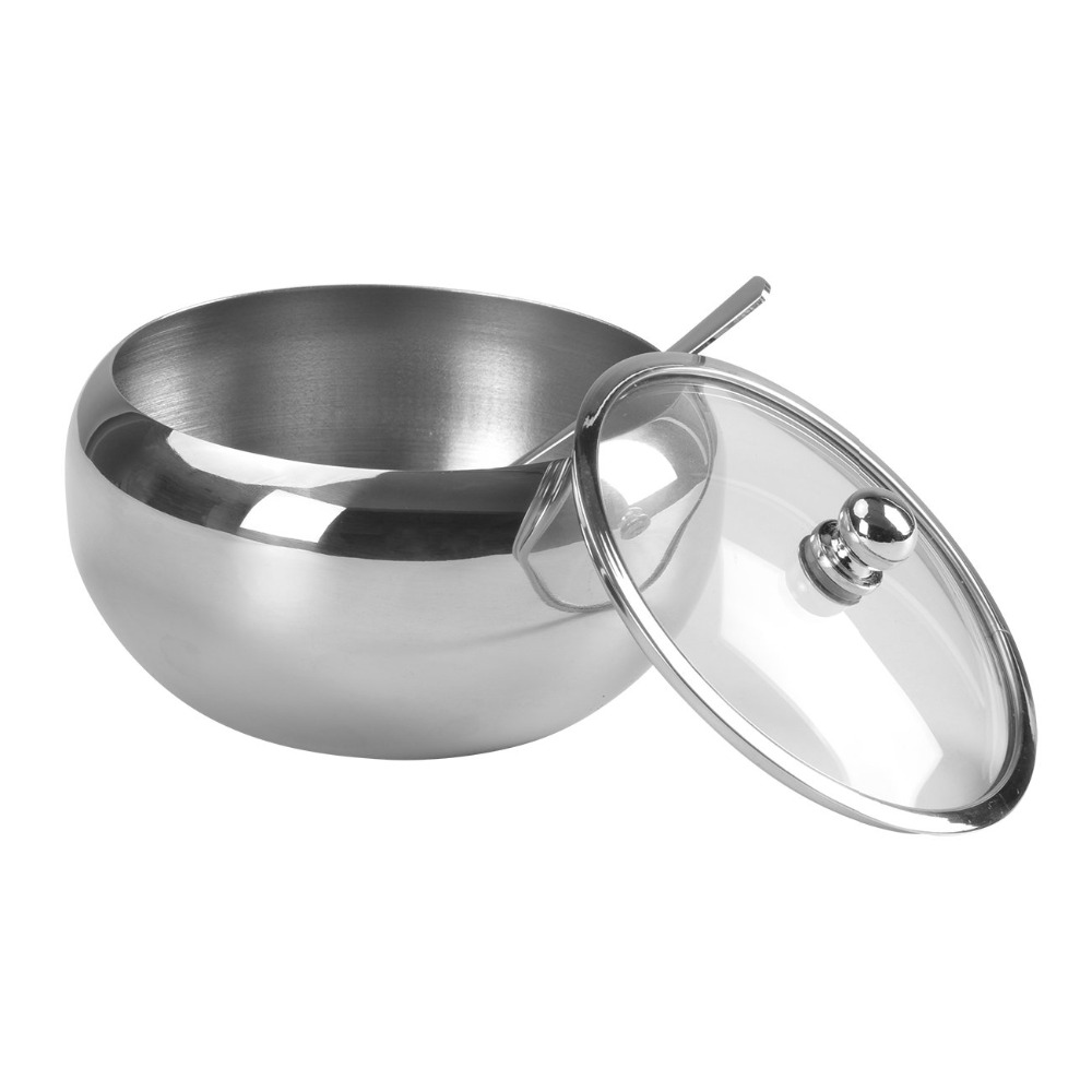 Stainless Steel Large Sugar Bowl with Glass Lid and Spoon, Perfect for Seasonings and Spices