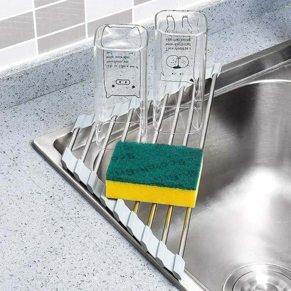 Foldable Stainless Steel Drainer, Roll Up Triangle Dish Drying Rack, Corner Sink Organizer
