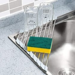 foldable stainless steel drainer, roll up triangle dish drying rack, corner sink organizer