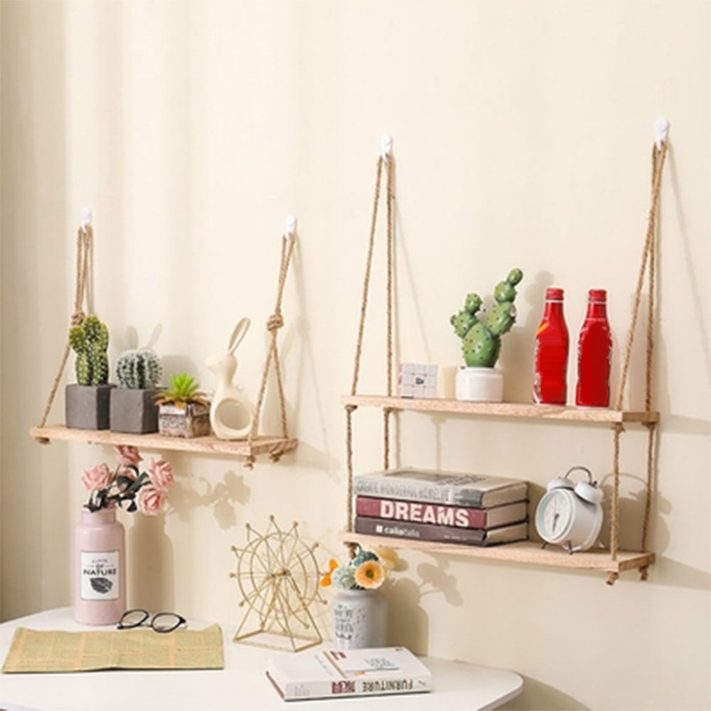 Wooden Floating Shelves for Wall, Hanging Rope Storage, Living Room Decor