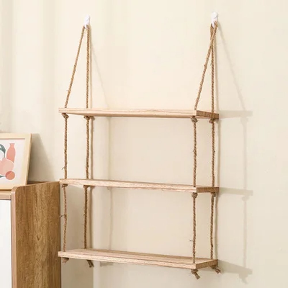 Wooden Floating Shelves for Wall, Hanging Rope Storage, Living Room Decor