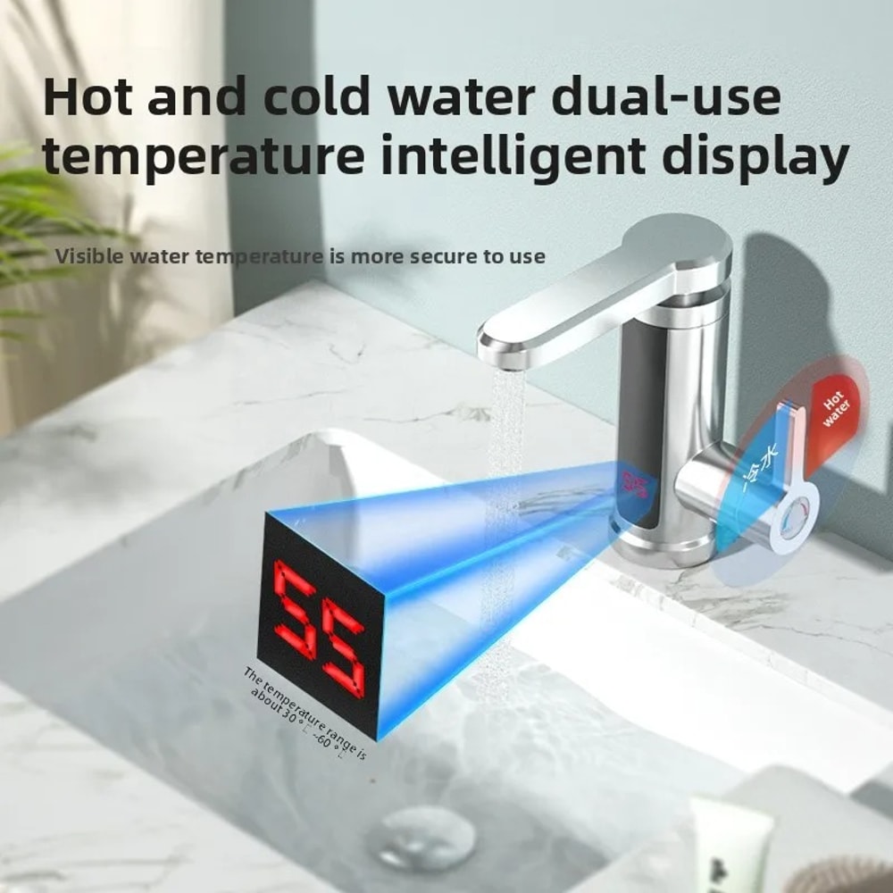 Electric Water Heater Kitchen Faucet, Tankless Instant Heating, Flowing Heated Mixer, Digital Display