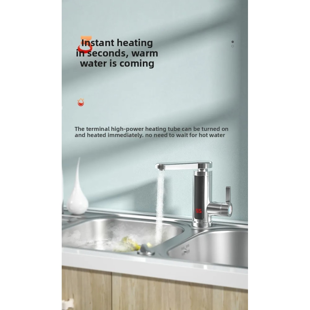 Electric Water Heater Kitchen Faucet, Tankless Instant Heating, Flowing Heated Mixer, Digital Display