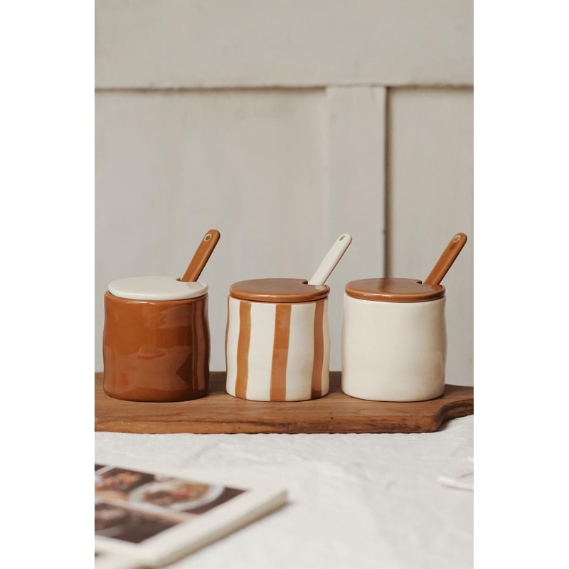 Vintage Ceramic Stripe Seasoning Jar with Spoon, Kitchen Supplies, Exquisite Storage Box for Chili Spice and Food