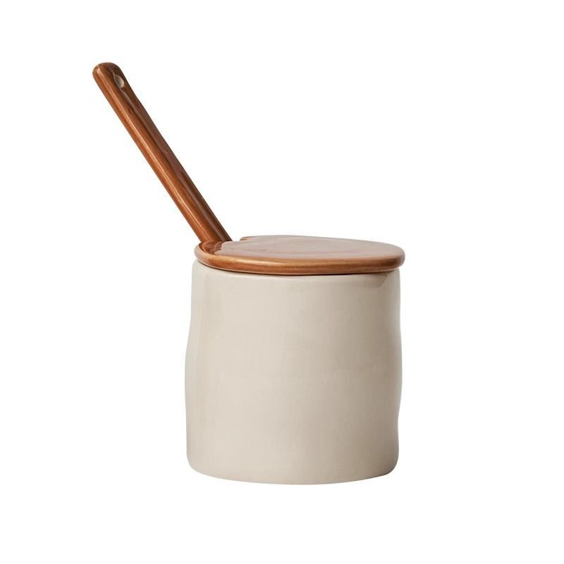 Vintage Ceramic Stripe Seasoning Jar with Spoon, Kitchen Supplies, Exquisite Storage Box for Chili Spice and Food