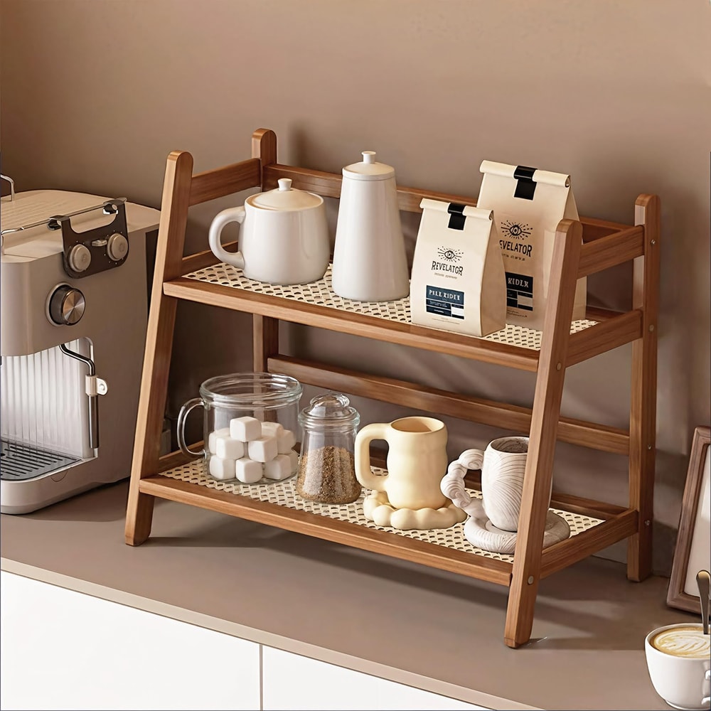 Bamboo Mug Holder Countertop, Wicker-Look Coffee Station Organizer for Tea Coffee Bar Accessories