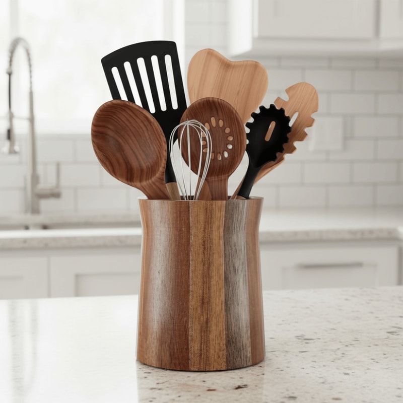 Wooden Rotating Utensil Holder, Farmhouse Style Trapezoidal Cutlery Storage Box, Smooth Surface
