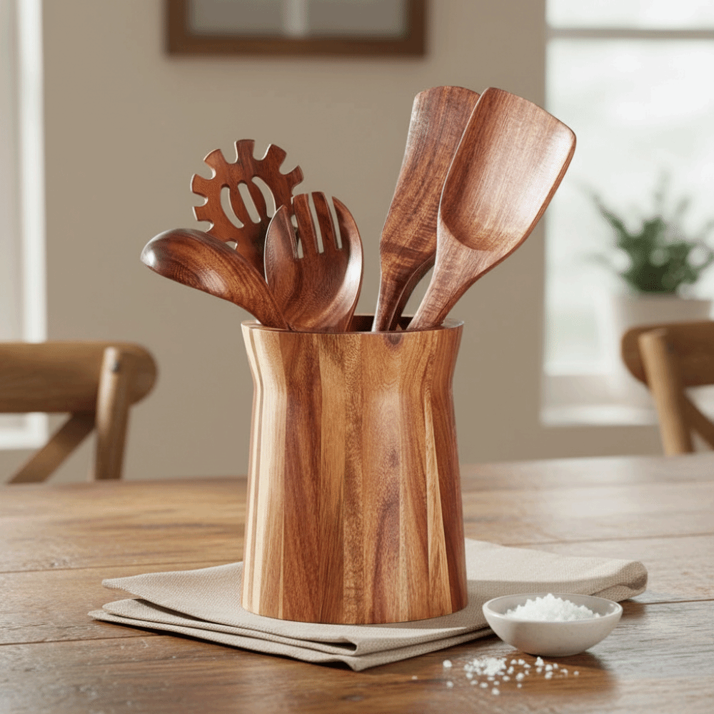 Wooden Rotating Utensil Holder, Farmhouse Style Trapezoidal Cutlery Storage Box, Smooth Surface