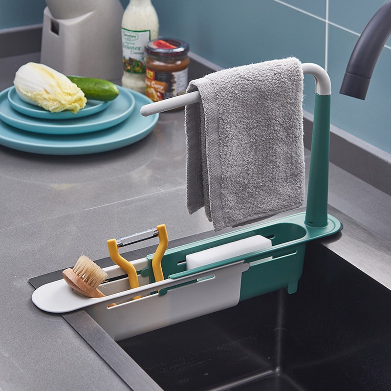 Sink Organizer with Telescopic Shelf, Soap Sponge Holder, Sink Drain Rack, and Towel Hanger for Kitchen