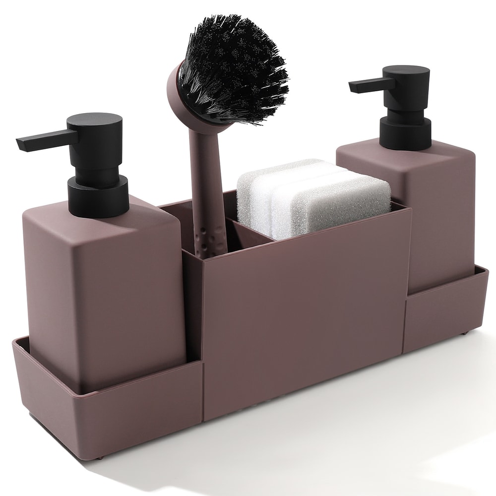 Kitchen Soap Dispenser with Sponge Holder Set Matte Black Sink Caddy for Dishwashing, Hand Washing Brush Tray