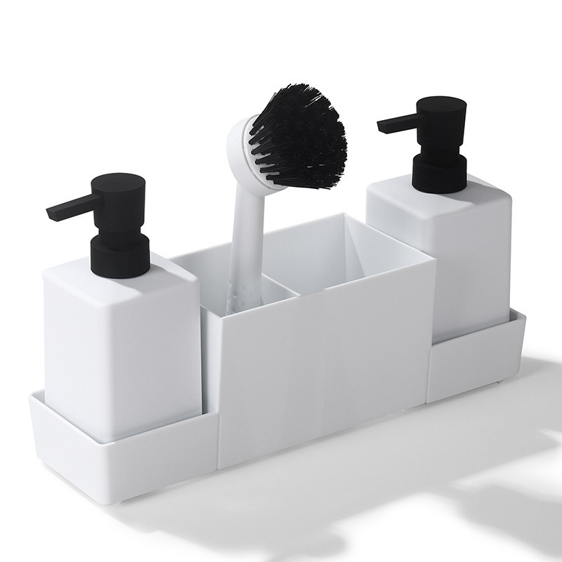 Kitchen Soap Dispenser with Sponge Holder Set Matte Black Sink Caddy for Dishwashing, Hand Washing Brush Tray