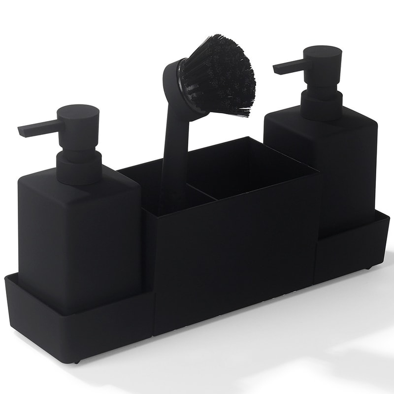 Kitchen Soap Dispenser with Sponge Holder Set Matte Black Sink Caddy for Dishwashing, Hand Washing Brush Tray