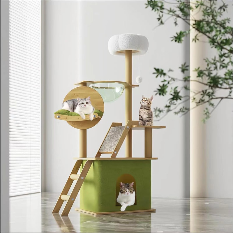 Green Cat Tree For Indoor Cats With Cat Condos Scratchers Hammock Space Capsule 1