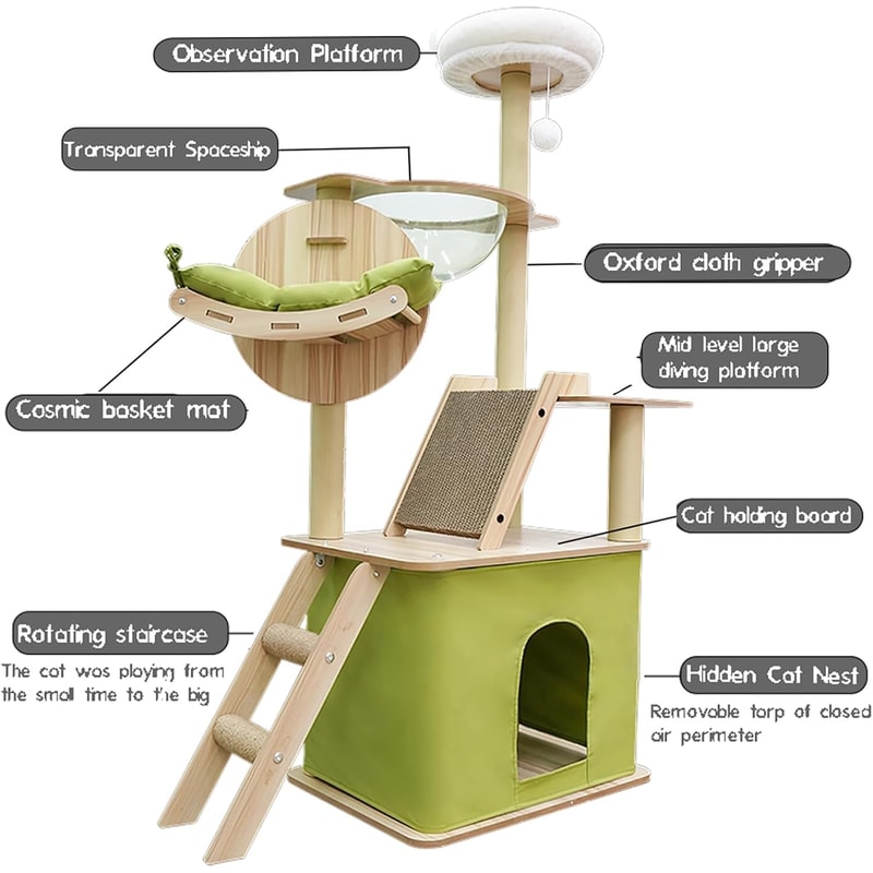 Green Cat Tree For Indoor Cats With Cat Condos Scratchers Hammock Space Capsule 3