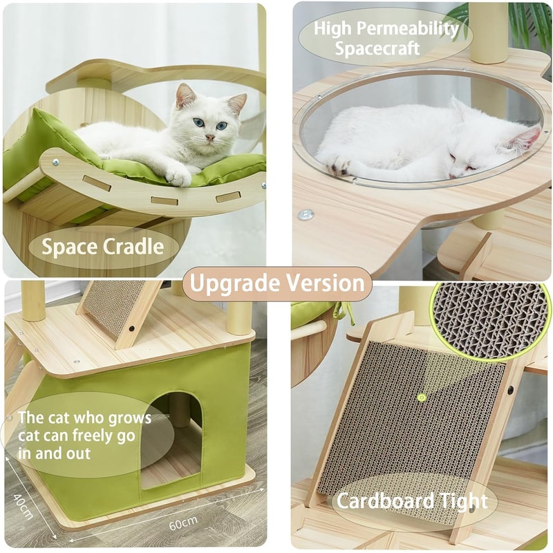 Green Cat Tree For Indoor Cats With Cat Condos Scratchers Hammock Space Capsule 4