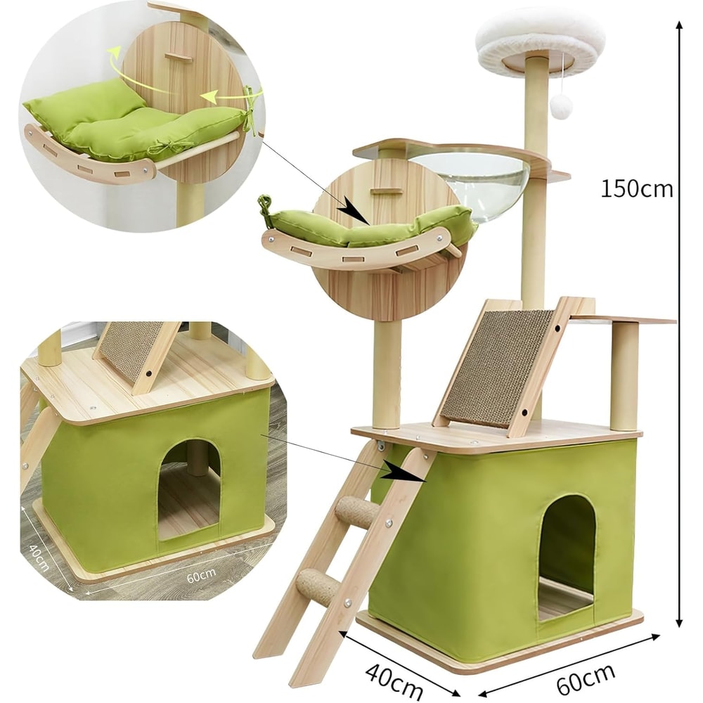 Green Cat Tree For Indoor Cats With Cat Condos Scratchers Hammock Space Capsule 5