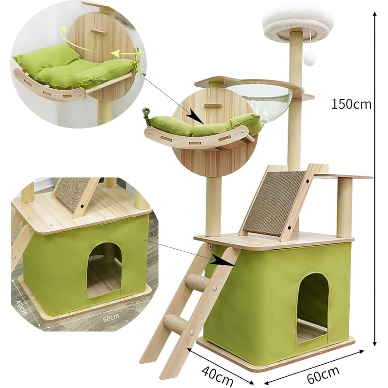 Green Cat Tree For Indoor Cats With Cat Condos Scratchers Hammock Space Capsule 5