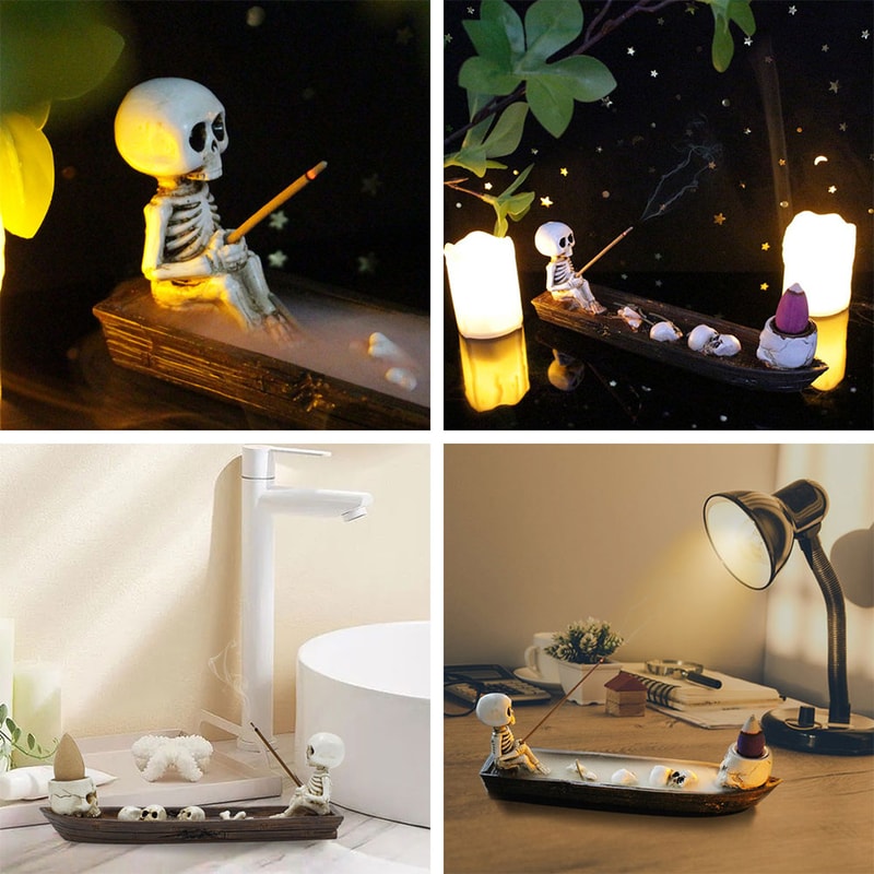 Skull Boat Incense Holder Ghost Fishing Boat Incense Burner, Creative Skeleton Statue for Study Room Meditation