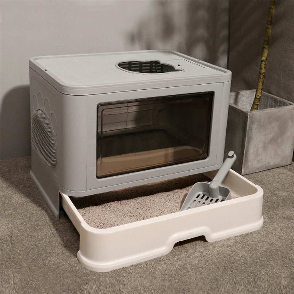 Foldable Cat Litter Box with Massager Scoop Top Exit Compact, Enclosed Kitty Toilet with Front Entry