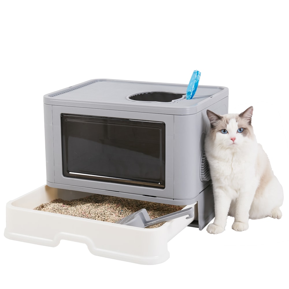 Foldable Cat Litter Box with Massager Scoop Top Exit Compact, Enclosed Kitty Toilet with Front Entry