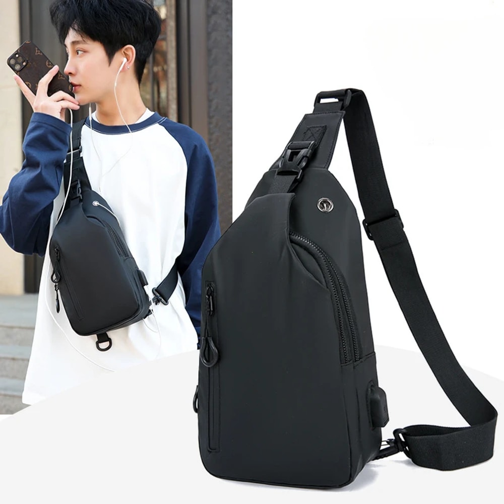Mens Fashion Chest Bag Solid Color One Shoulder Crossbody Bag With USB Charging Outdoor Casual Nylo 0