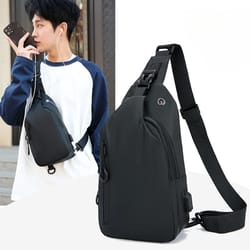 mens fashion chest bag solid color one shoulder crossbody bag with usb charging outdoor casual nylon shoulder bag