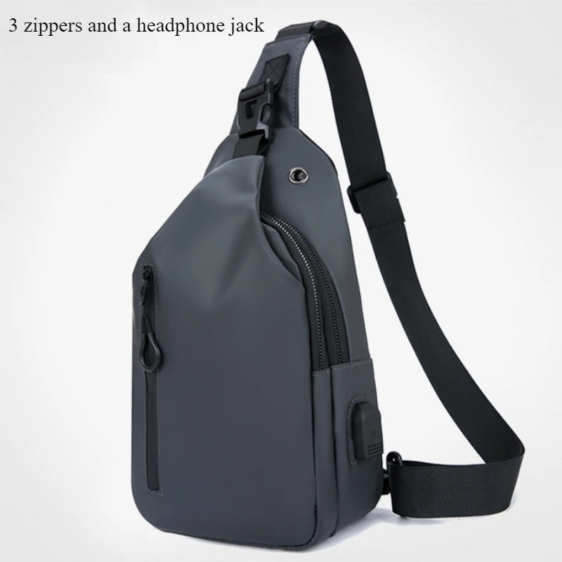 Mens Fashion Chest Bag Solid Color One Shoulder Crossbody Bag With USB Charging Outdoor Casual Nylo 7