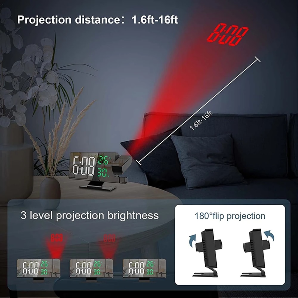 LED Digital Projection Alarm Clock Ceiling Clock with Time, Temperature Display, Backlight, and Snooze Function for Home