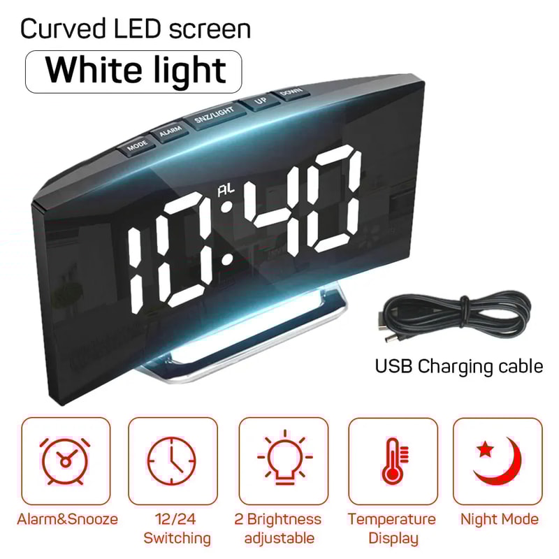 Noiseless Digital LED Alarm Clock with Large Mirror Display Sleek Silent Electronic Timepiece