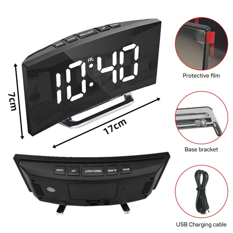 Noiseless Digital LED Alarm Clock with Large Mirror Display Sleek Silent Electronic Timepiece