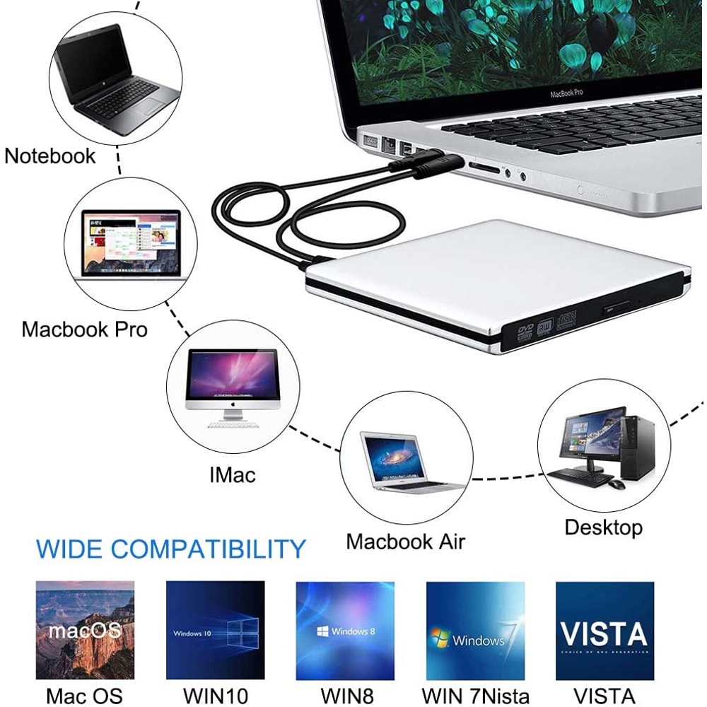 External USB BluRay Reader Burner Writer BDROM Optical DVD Recorder For Laptop Desktop 3