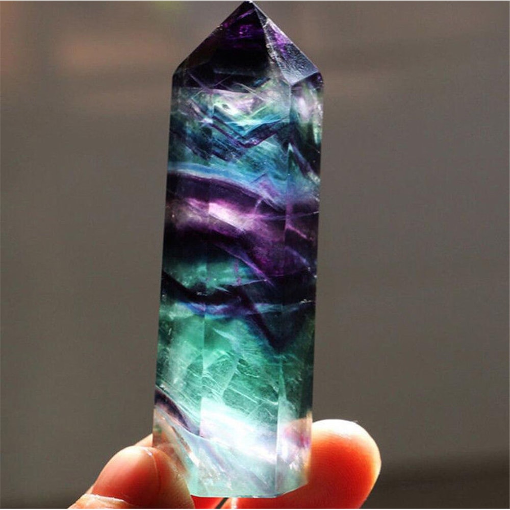 Natural Fluorite Crystal Healing Wand Colorful Striped Fluorite Hexagonal Point, Quartz Crystal Stone for Treatment