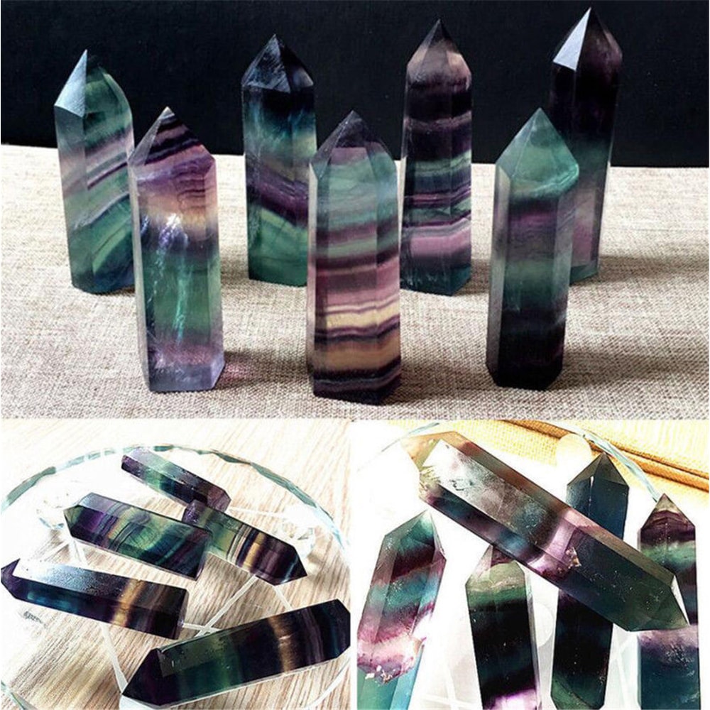 Natural Fluorite Crystal Healing Wand Colorful Striped Fluorite Hexagonal Point, Quartz Crystal Stone for Treatment