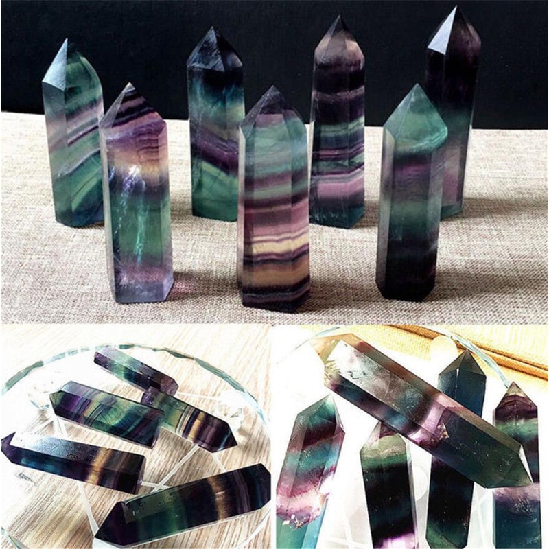 Natural Fluorite Crystal Healing Wand Colorful Striped Fluorite Hexagonal Point, Quartz Crystal Stone for Treatment
