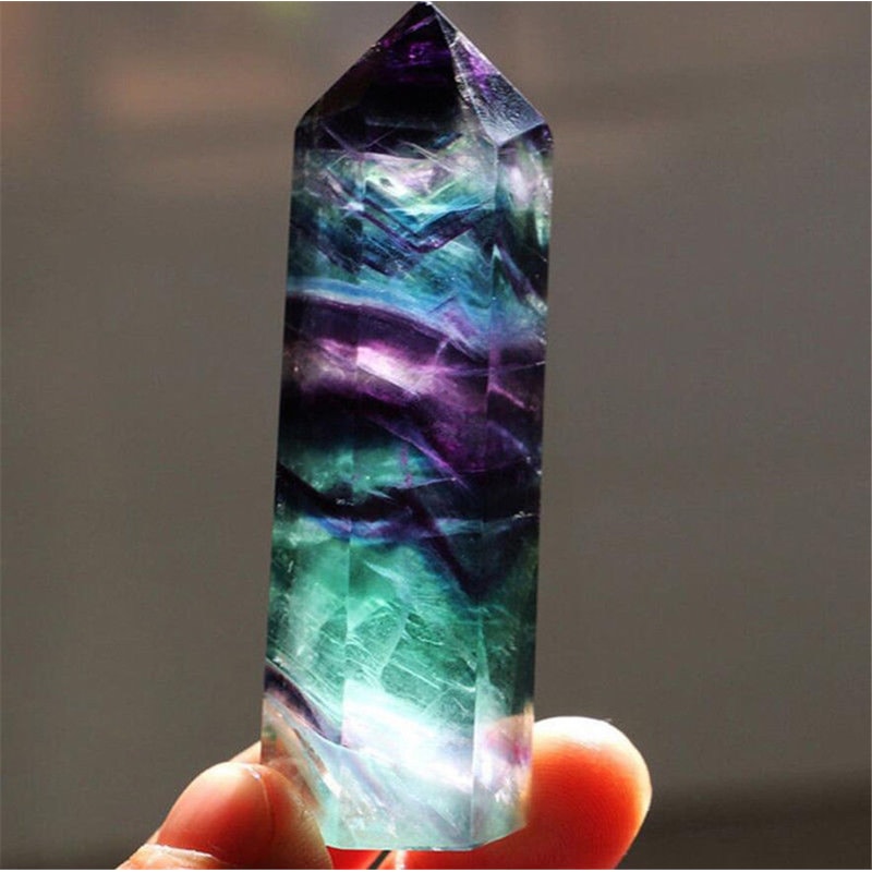 Natural Fluorite Crystal Healing Wand Colorful Striped Fluorite Hexagonal Point, Quartz Crystal Stone for Treatment