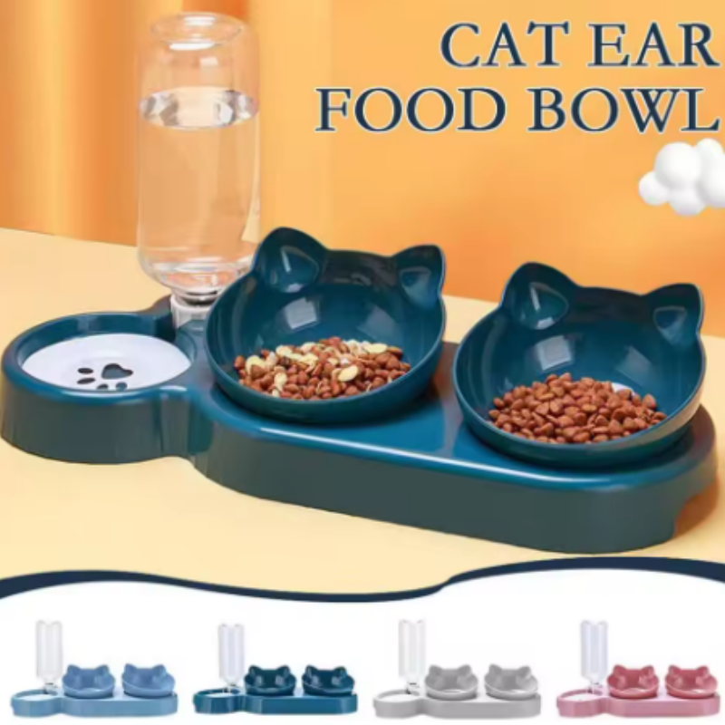 Triple Cat Bowls Pet Feeder With Automatic Drinking Bottle Tilted Rotatable Design For Cats Dogs 1