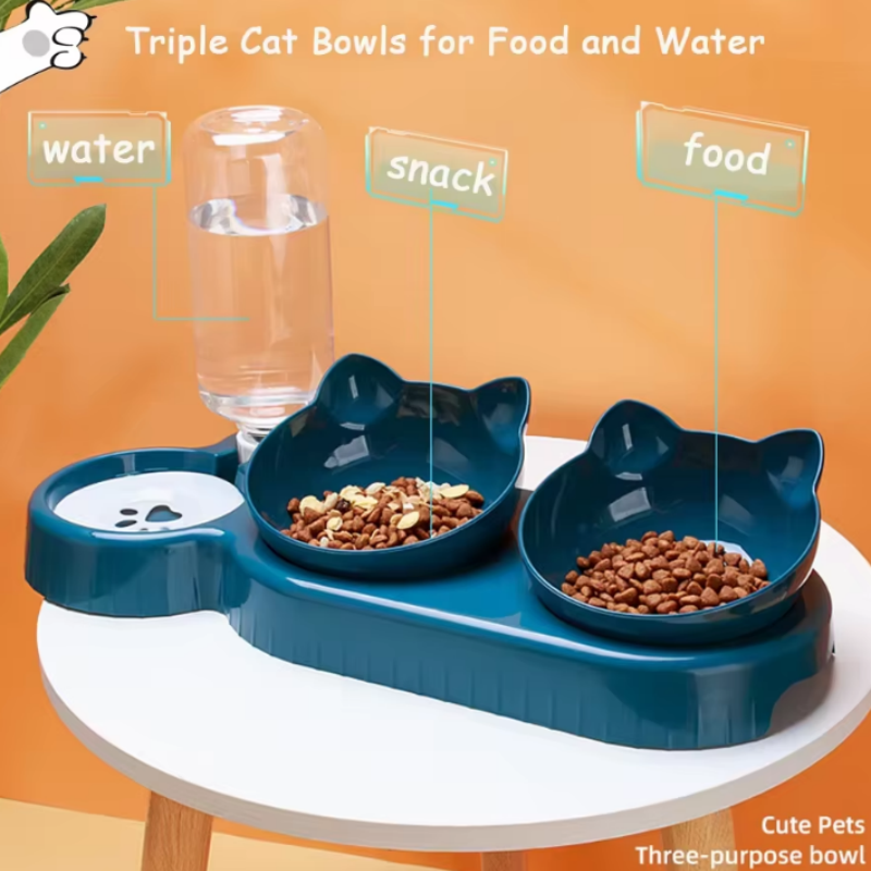 Triple Cat Bowls Pet Feeder With Automatic Drinking Bottle Tilted Rotatable Design For Cats Dogs 3